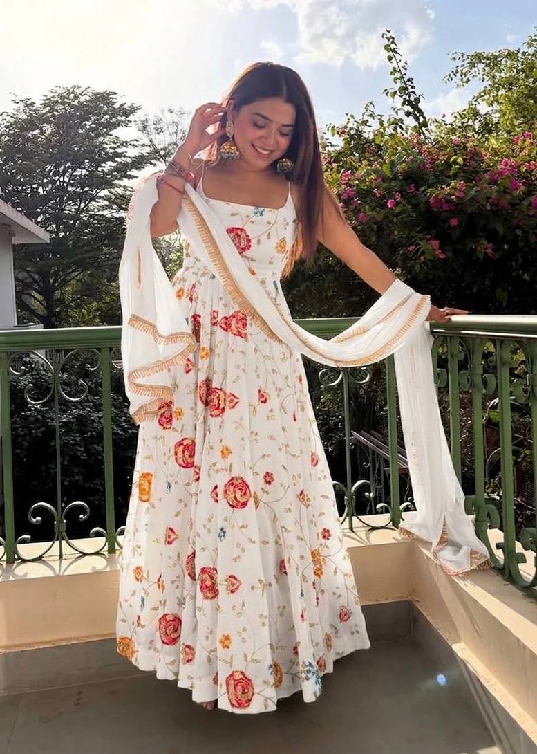 White Floral Vichitra Silk Anarkali Suit Set for Women