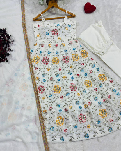 White Floral Vichitra Silk Anarkali Suit Set for Women