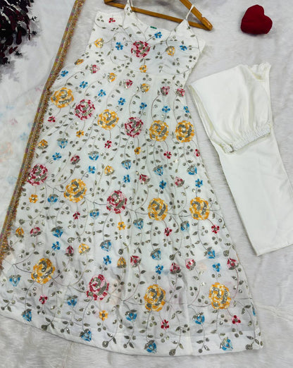 White Floral Vichitra Silk Anarkali Suit Set for Women