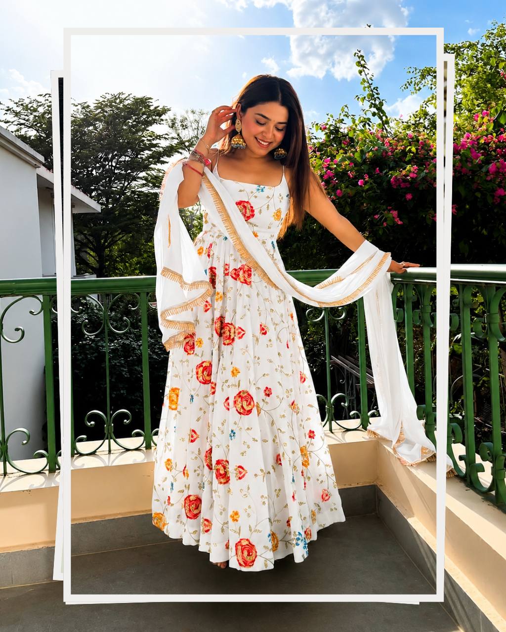 White Floral Vichitra Silk Anarkali Suit Set for Women