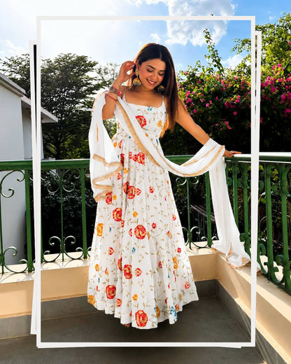 White Floral Vichitra Silk Anarkali Suit Set for Women