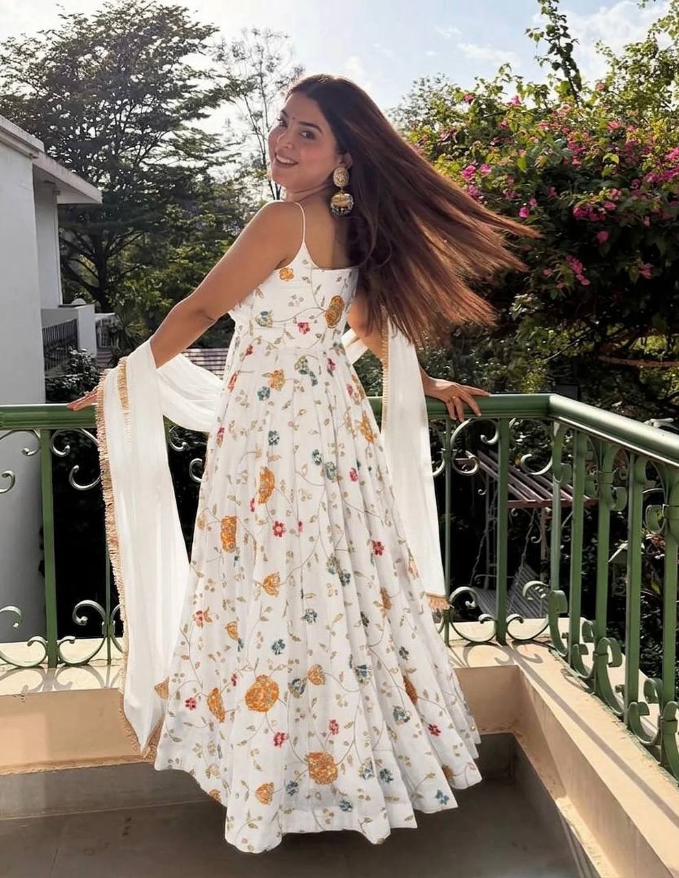 White Floral Vichitra Silk Anarkali Suit Set for Women