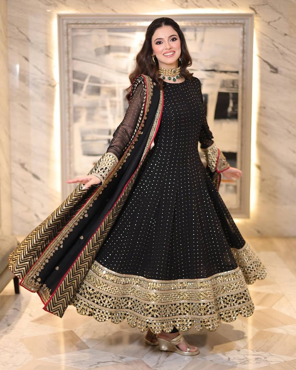 Black Embroidered Anarkali Suit Set with Zari Work for Women