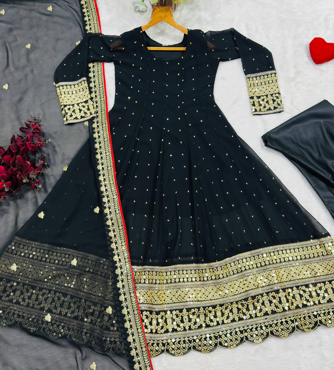 Black Embroidered Anarkali Suit Set with Zari Work for Women