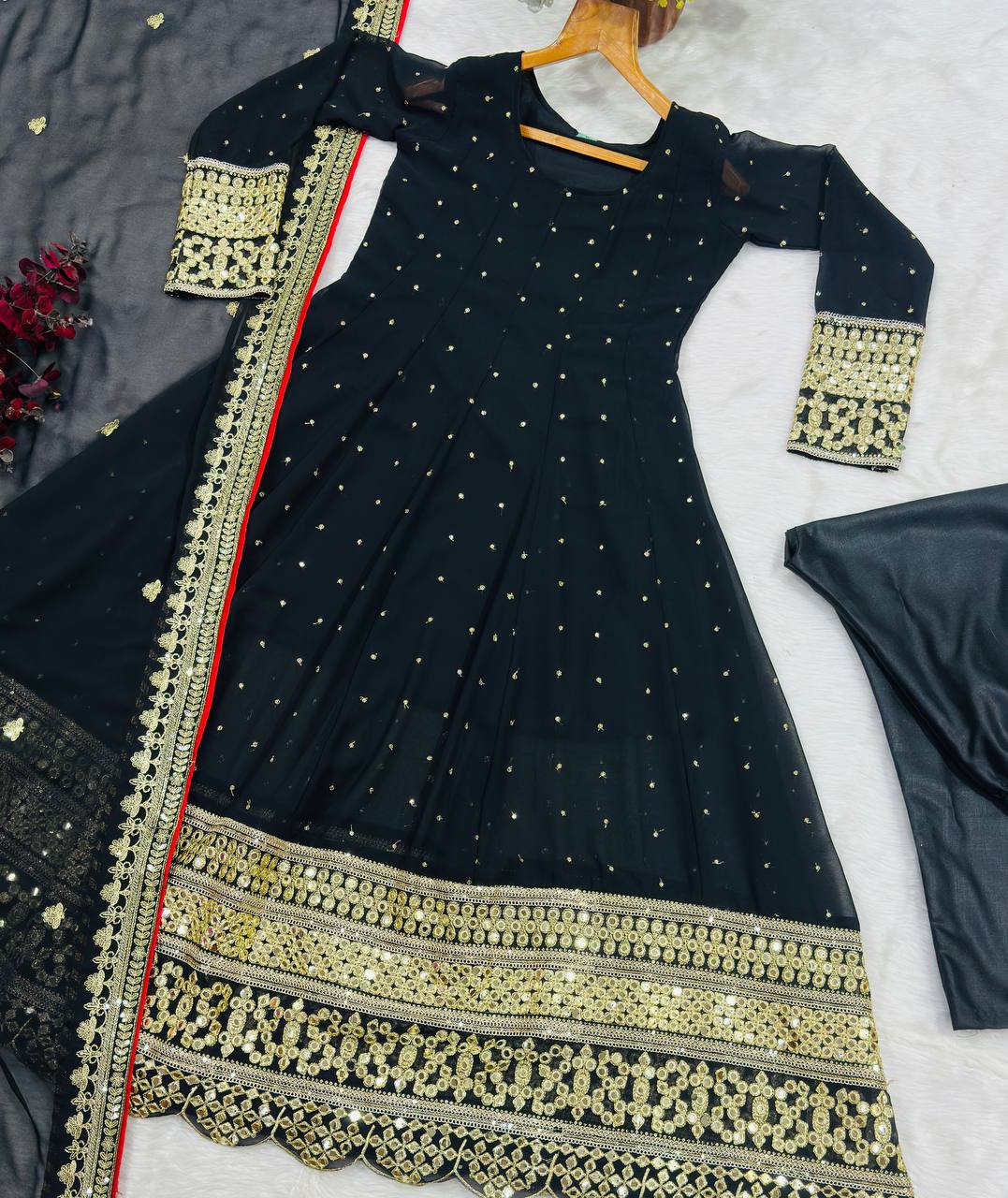 Black Embroidered Anarkali Suit Set with Zari Work for Women