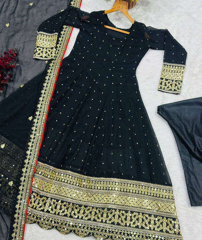 Black Embroidered Anarkali Suit Set with Zari Work for Women