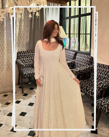 White Embroidered Anarkali Suit Set with Gota Patti Dupatta for Women