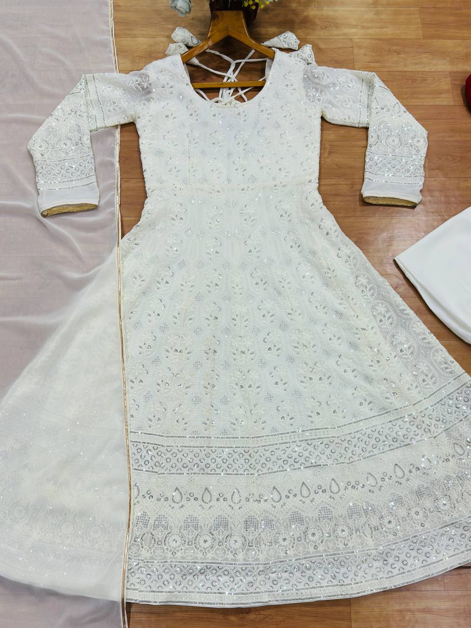 White Embroidered Anarkali Suit Set with Gota Patti Dupatta for Women