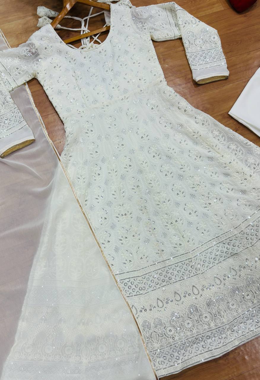 White Embroidered Anarkali Suit Set with Gota Patti Dupatta for Women