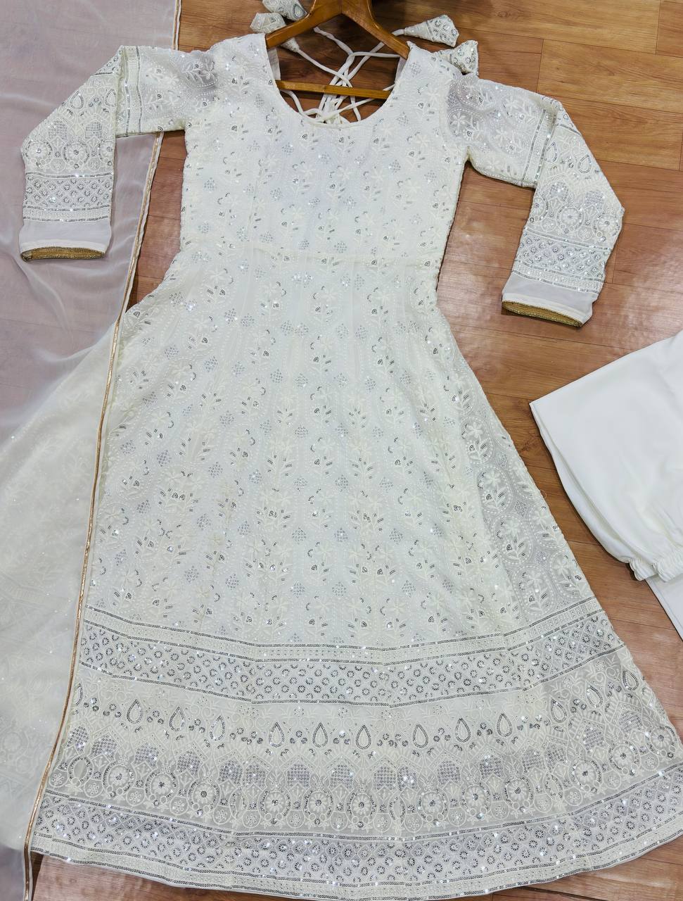 White Embroidered Anarkali Suit Set with Gota Patti Dupatta for Women