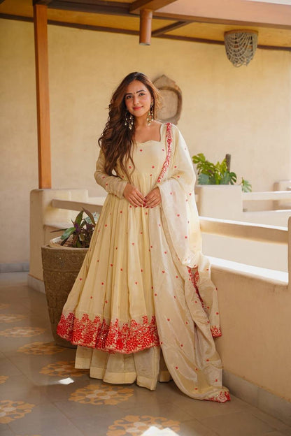 Cream Embroidered Silk Anarkali Suit Set with Sarara for Women