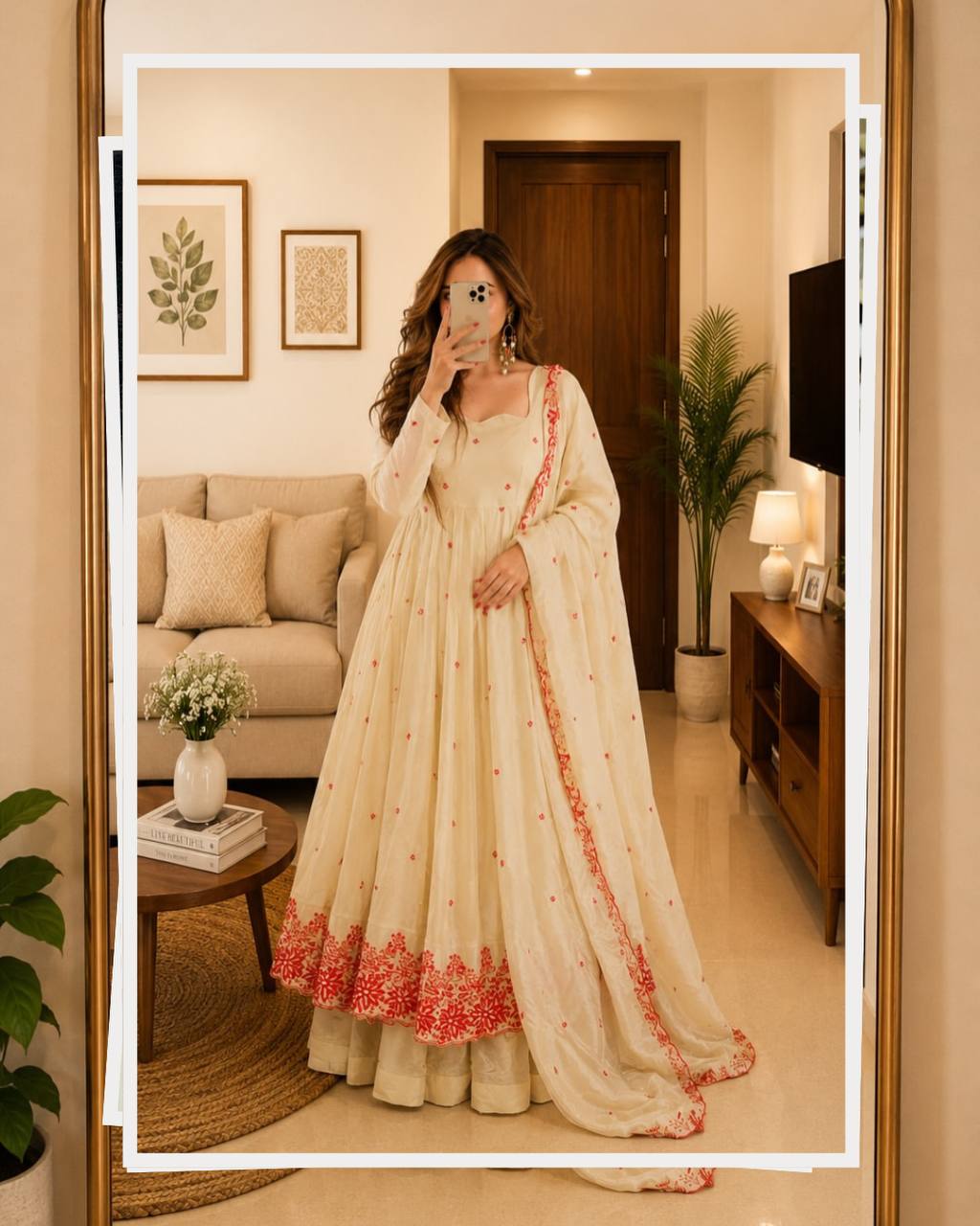 Cream Embroidered Silk Anarkali Suit Set with Sarara for Women