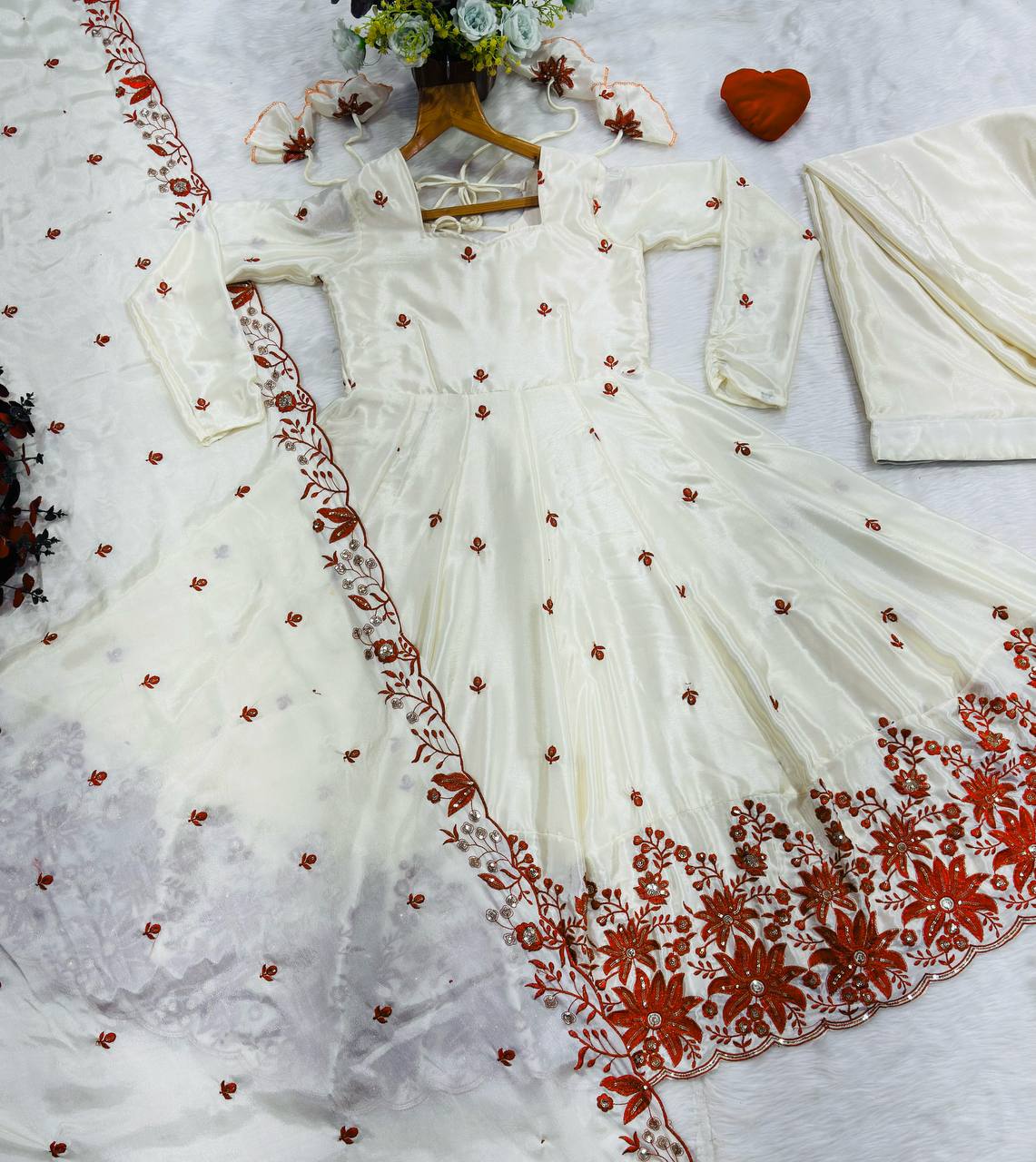 Cream Embroidered Silk Anarkali Suit Set with Sarara for Women