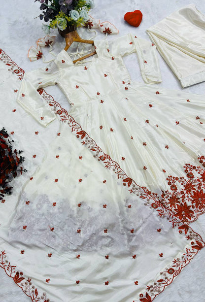 Cream Embroidered Silk Anarkali Suit Set with Sarara for Women