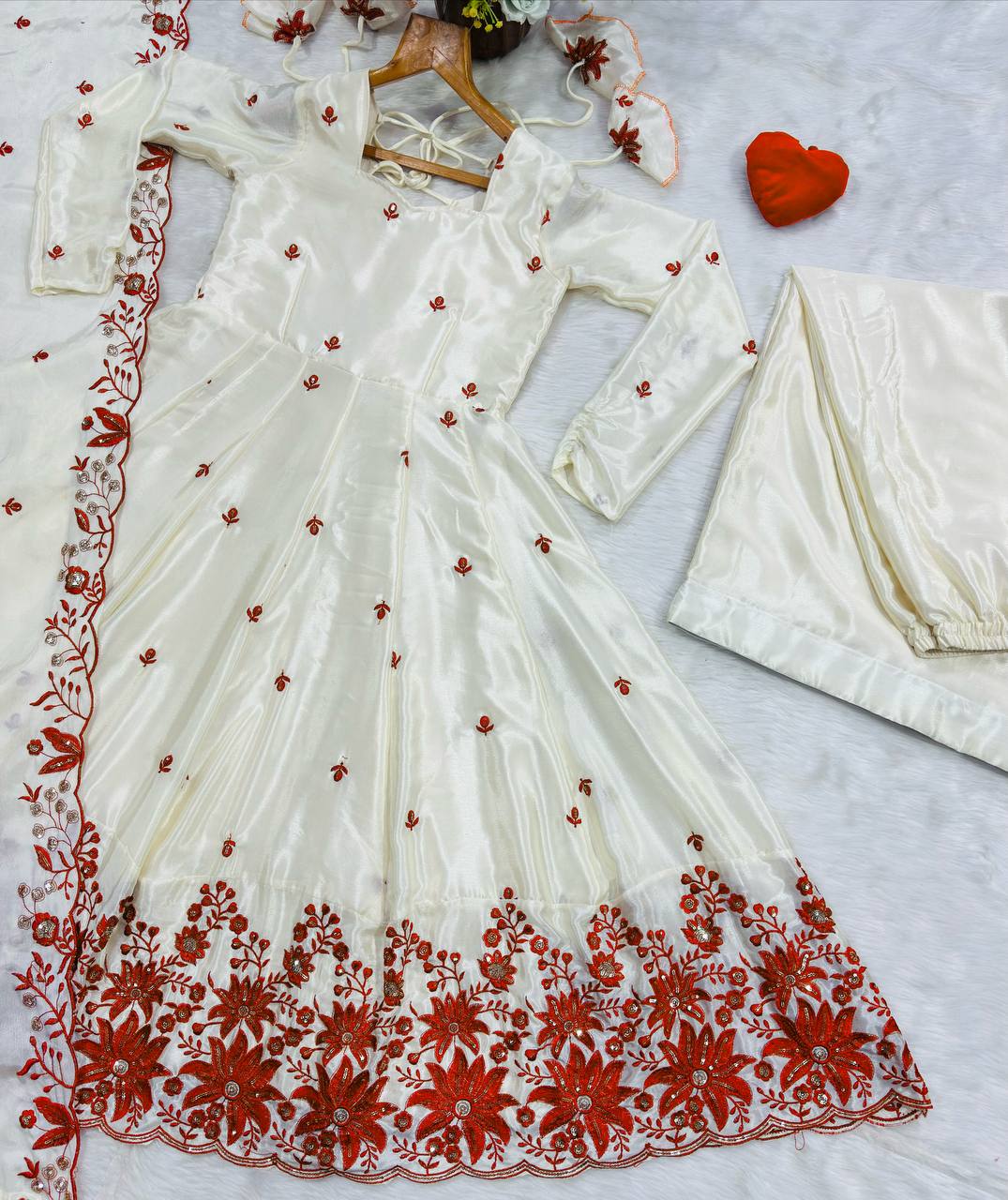 Cream Embroidered Silk Anarkali Suit Set with Sarara for Women