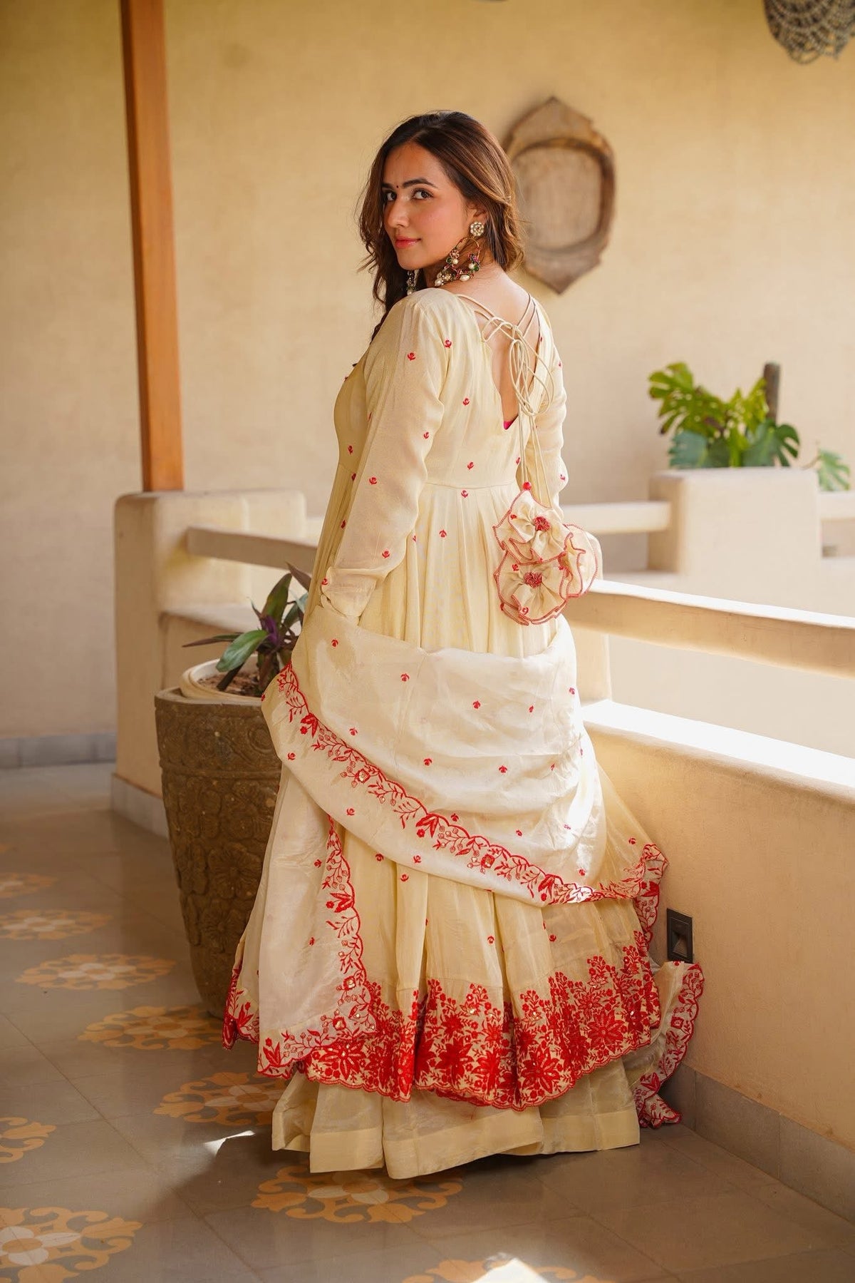 Cream Embroidered Silk Anarkali Suit Set with Sarara for Women