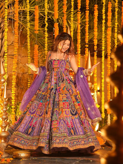 Multicolor Embroidered Crepe Maxi Suit Set for Festive Wear 2