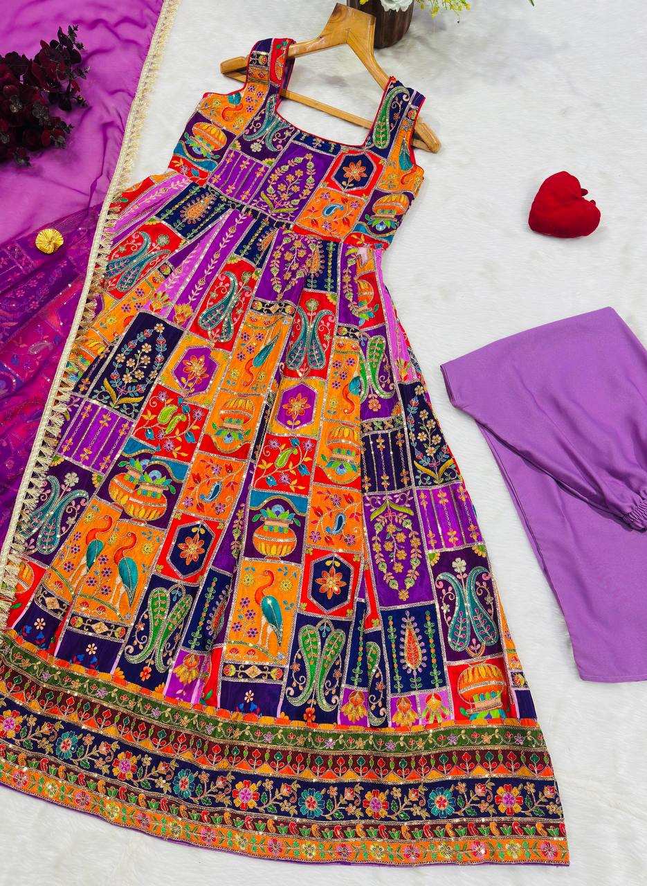 Multicolor Embroidered Crepe Maxi Suit Set for Festive Wear 2