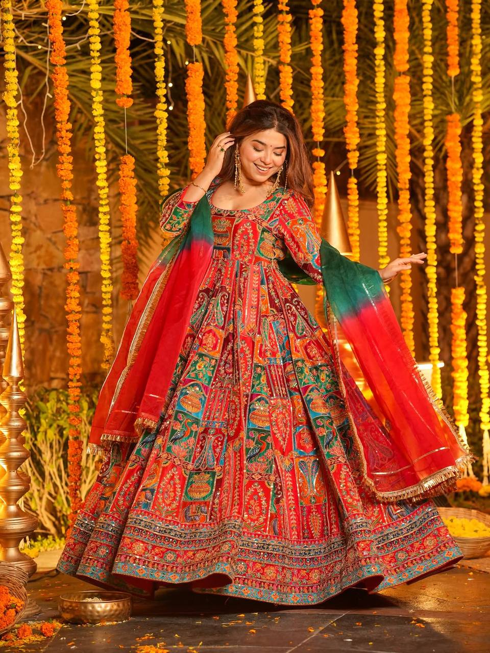 Multicolor Embroidered Crepe Maxi Suit Set for Festive Wear for Women