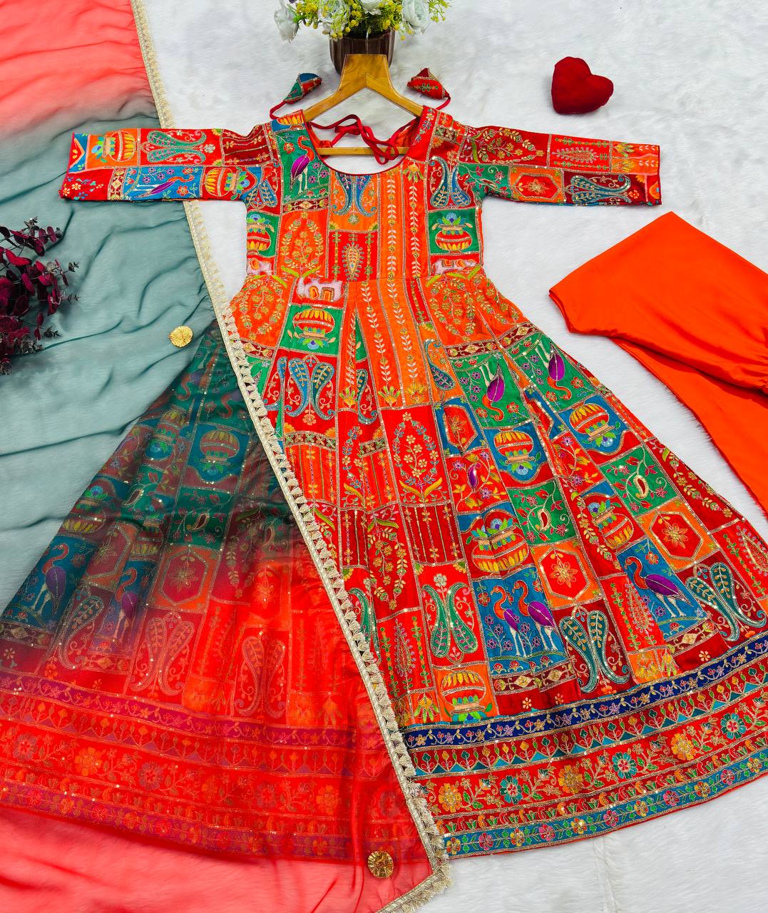 Multicolor Embroidered Crepe Maxi Suit Set for Festive Wear for Women