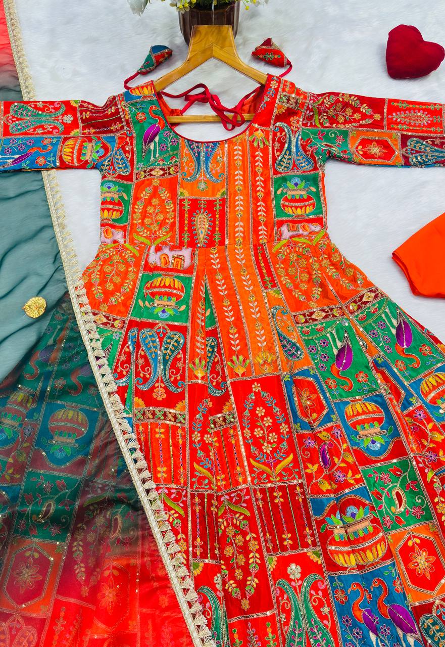 Multicolor Embroidered Crepe Maxi Suit Set for Festive Wear for Women