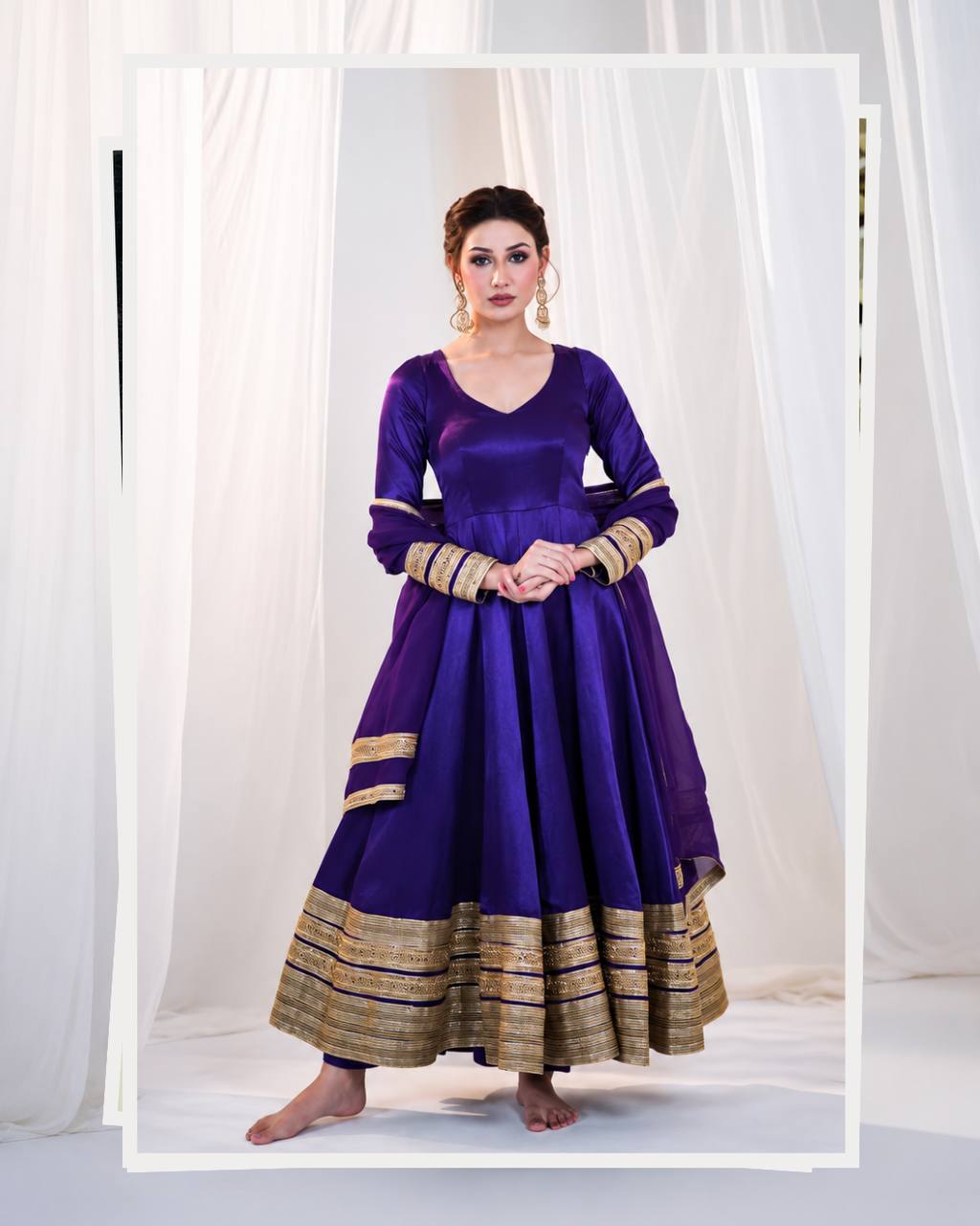 Purple Silk Anarkali Suit Set with Embroidery &amp; Sequin Work for Women