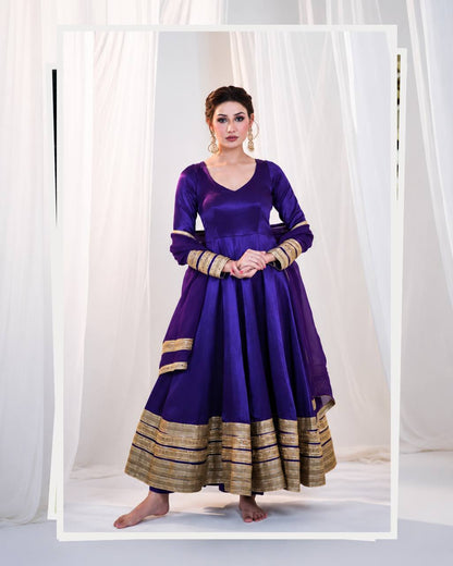 Purple Silk Anarkali Suit Set with Embroidery &amp; Sequin Work for Women
