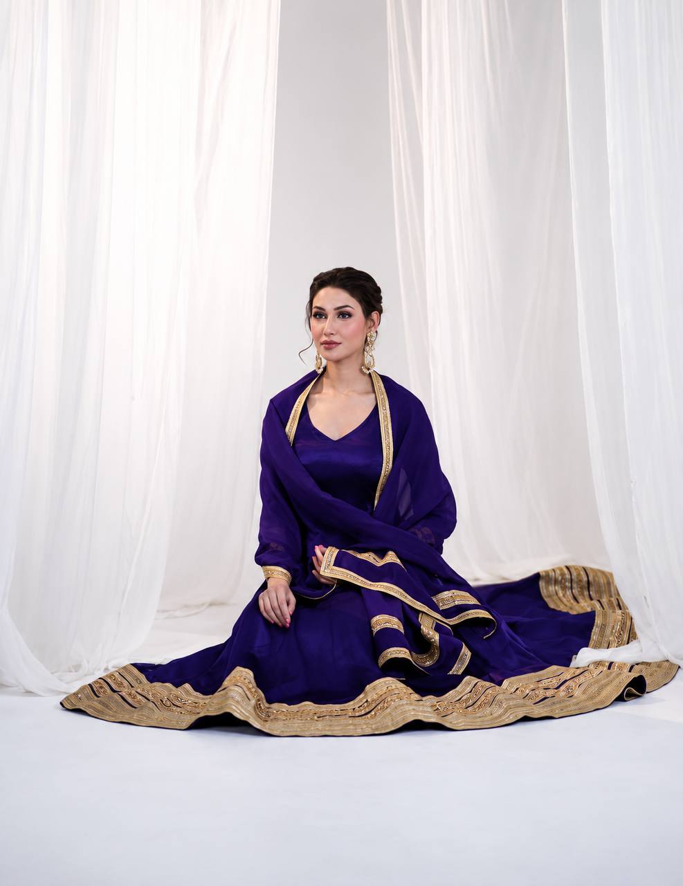 Purple Silk Anarkali Suit Set with Embroidery &amp; Sequin Work for Women