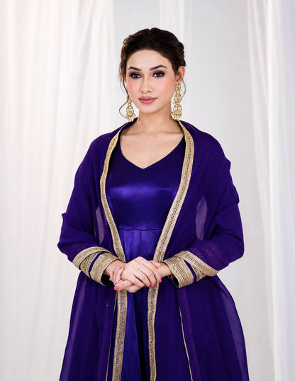 Purple Silk Anarkali Suit Set with Embroidery &amp; Sequin Work for Women