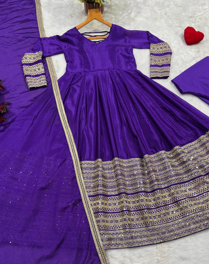 Purple Silk Anarkali Suit Set with Embroidery &amp; Sequin Work for Women
