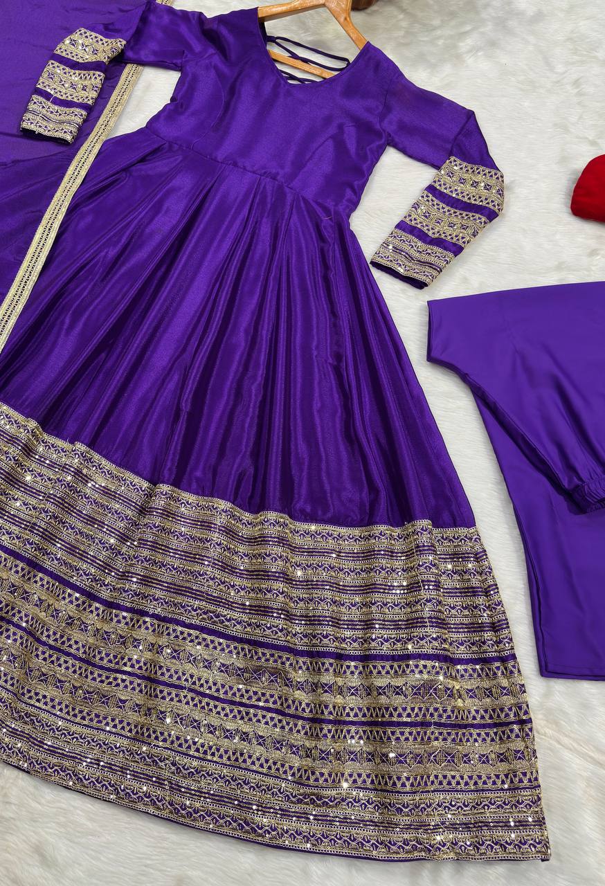 Purple Silk Anarkali Suit Set with Embroidery &amp; Sequin Work for Women