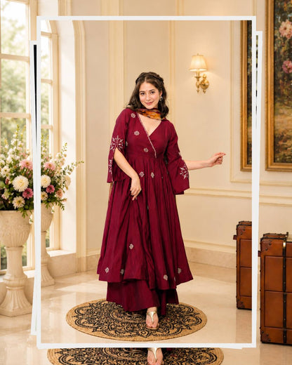 Maroon Embroidered Rayon Cotton Anarkali Suit Set for Women