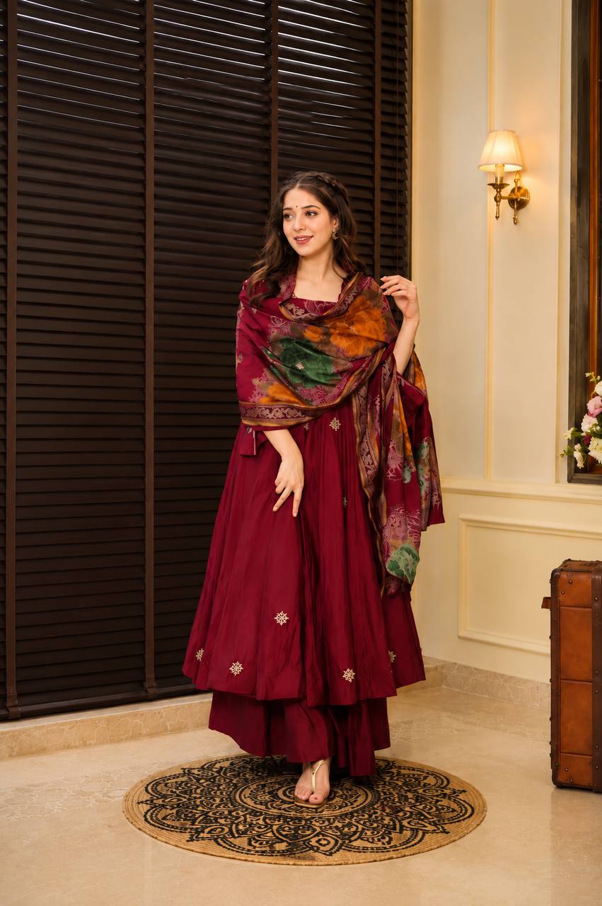 Maroon Embroidered Rayon Cotton Anarkali Suit Set for Women