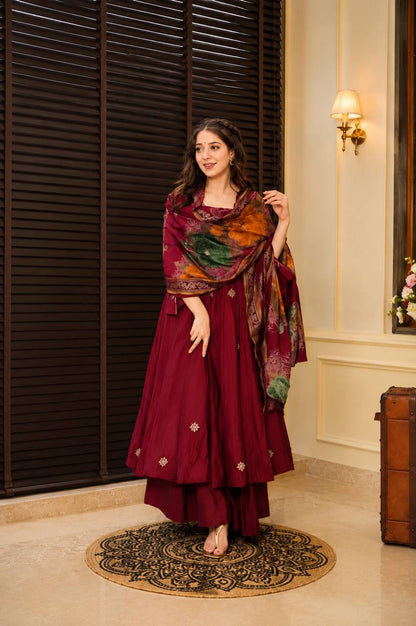 Maroon Embroidered Rayon Cotton Anarkali Suit Set for Women