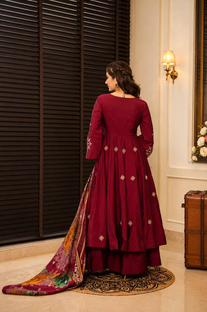 Maroon Embroidered Rayon Cotton Anarkali Suit Set for Women
