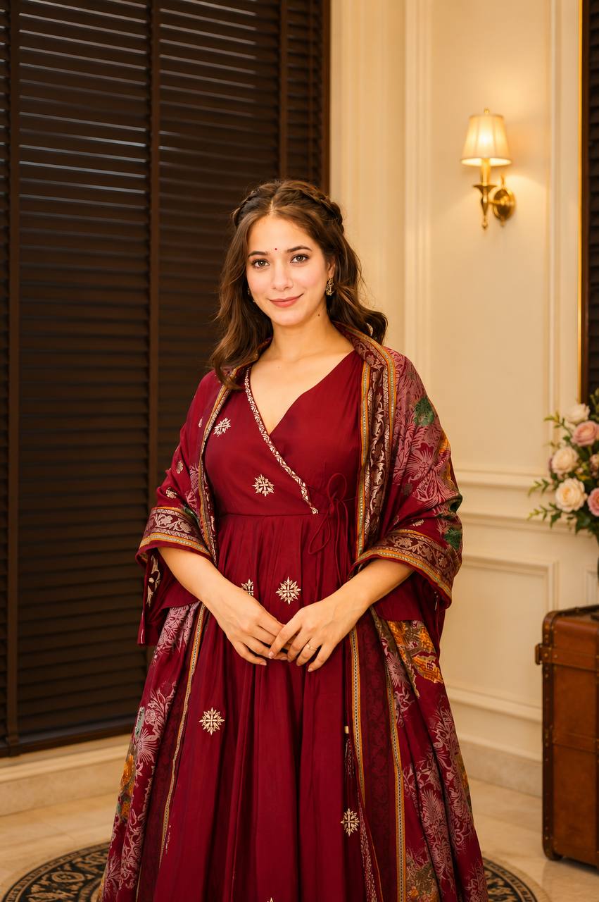 Maroon Embroidered Rayon Cotton Anarkali Suit Set for Women