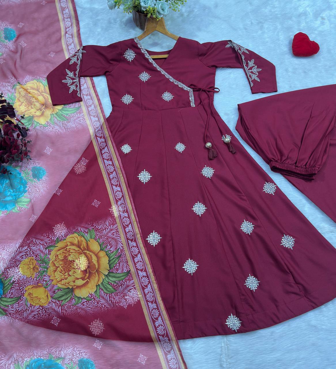 Maroon Embroidered Rayon Cotton Anarkali Suit Set for Women