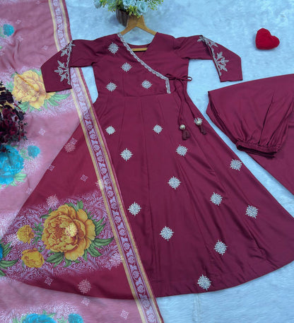 Maroon Embroidered Rayon Cotton Anarkali Suit Set for Women