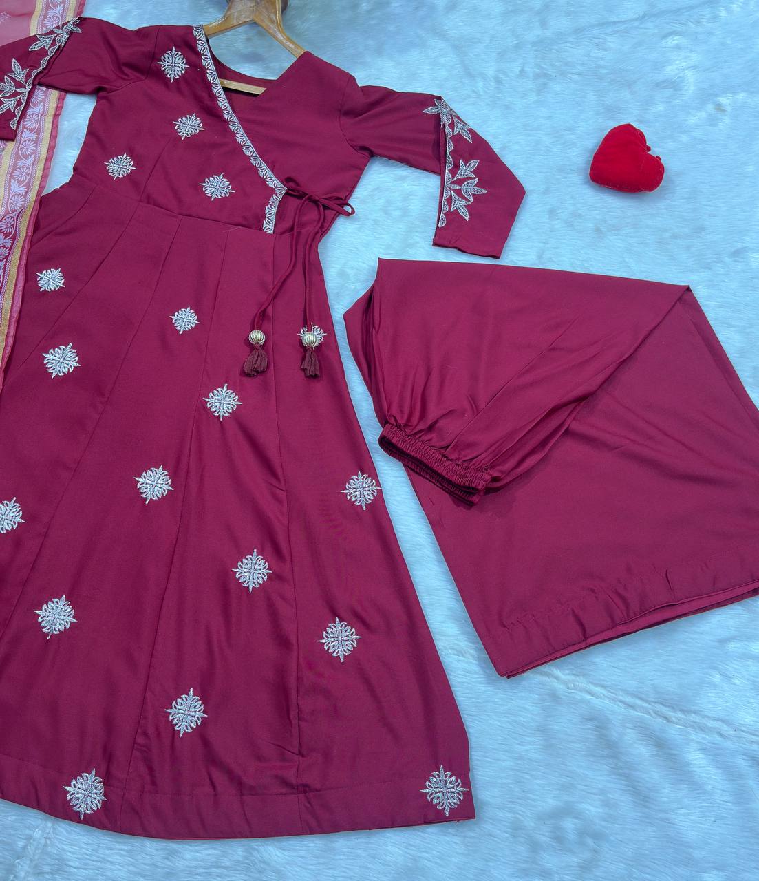 Maroon Embroidered Rayon Cotton Anarkali Suit Set for Women