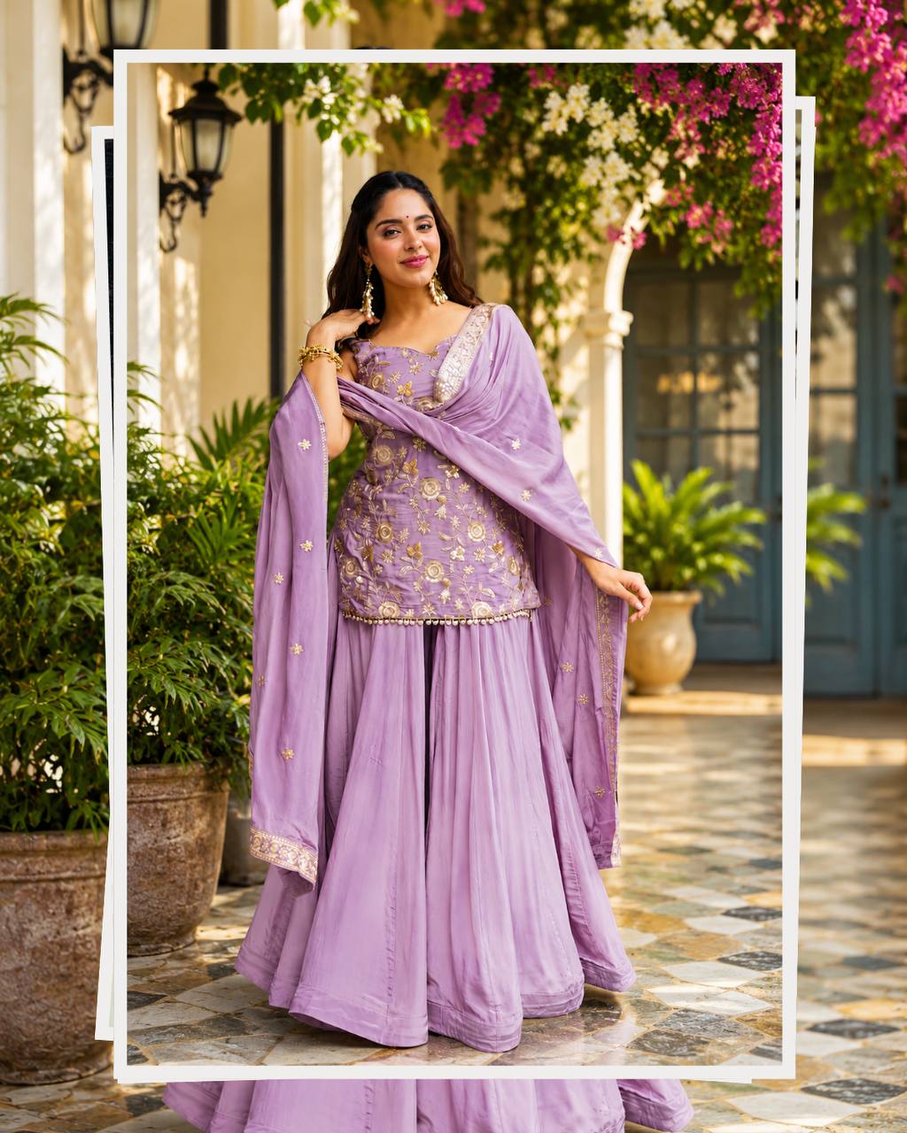 Lavender Zari Sequins Sarara 3 Piece Suit Set for Women