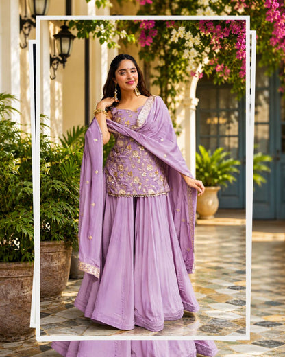 Lavender Zari Sequins Sarara 3 Piece Suit Set for Women