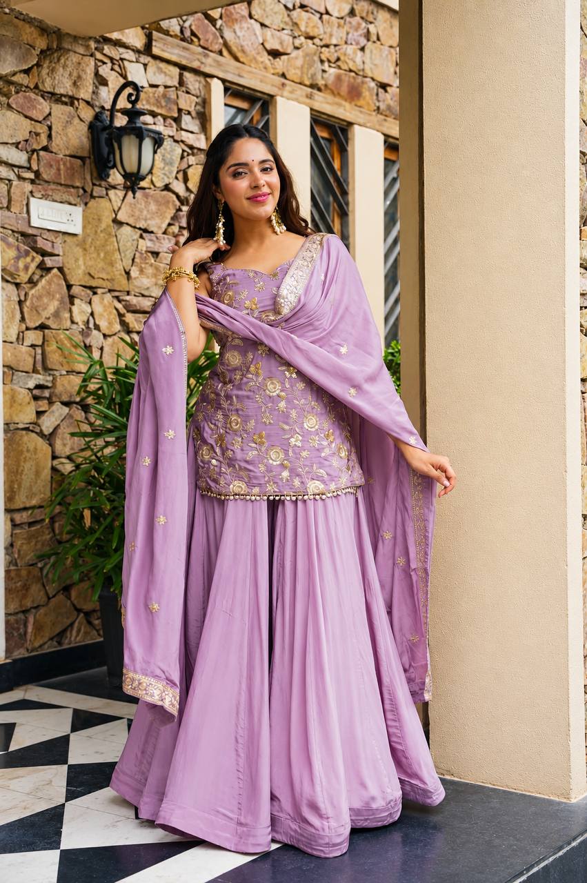 Lavender Zari Sequins Sarara 3 Piece Suit Set for Women