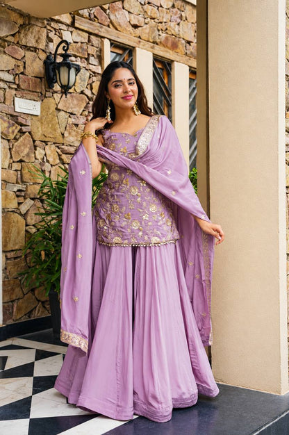 Lavender Zari Sequins Sarara 3 Piece Suit Set for Women