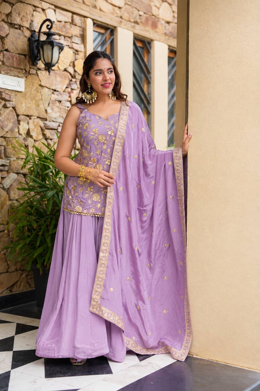 Lavender Zari Sequins Sarara 3 Piece Suit Set for Women