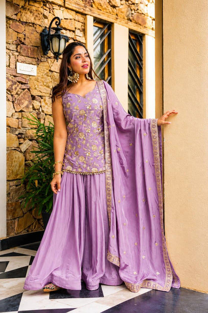 Lavender Zari Sequins Sarara 3 Piece Suit Set for Women