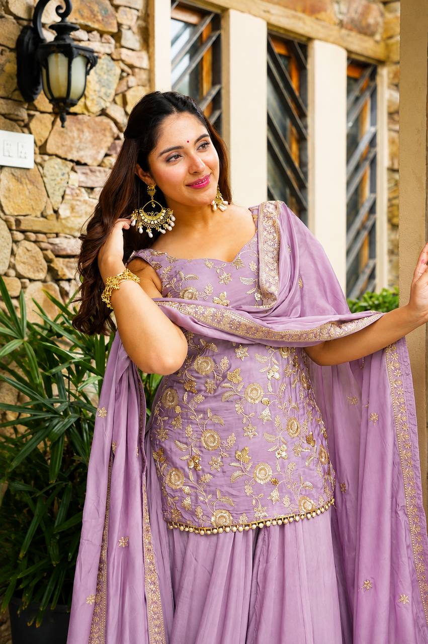 Lavender Zari Sequins Sarara 3 Piece Suit Set for Women