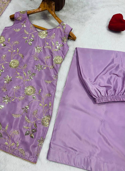 Lavender Zari Sequins Sarara 3 Piece Suit Set for Women
