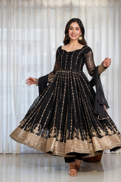 Black Zari Sequins Embroidered Anarkali Suit Set ! for Women