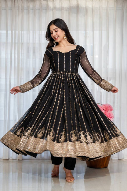 Black Zari Sequins Embroidered Anarkali Suit Set ! for Women