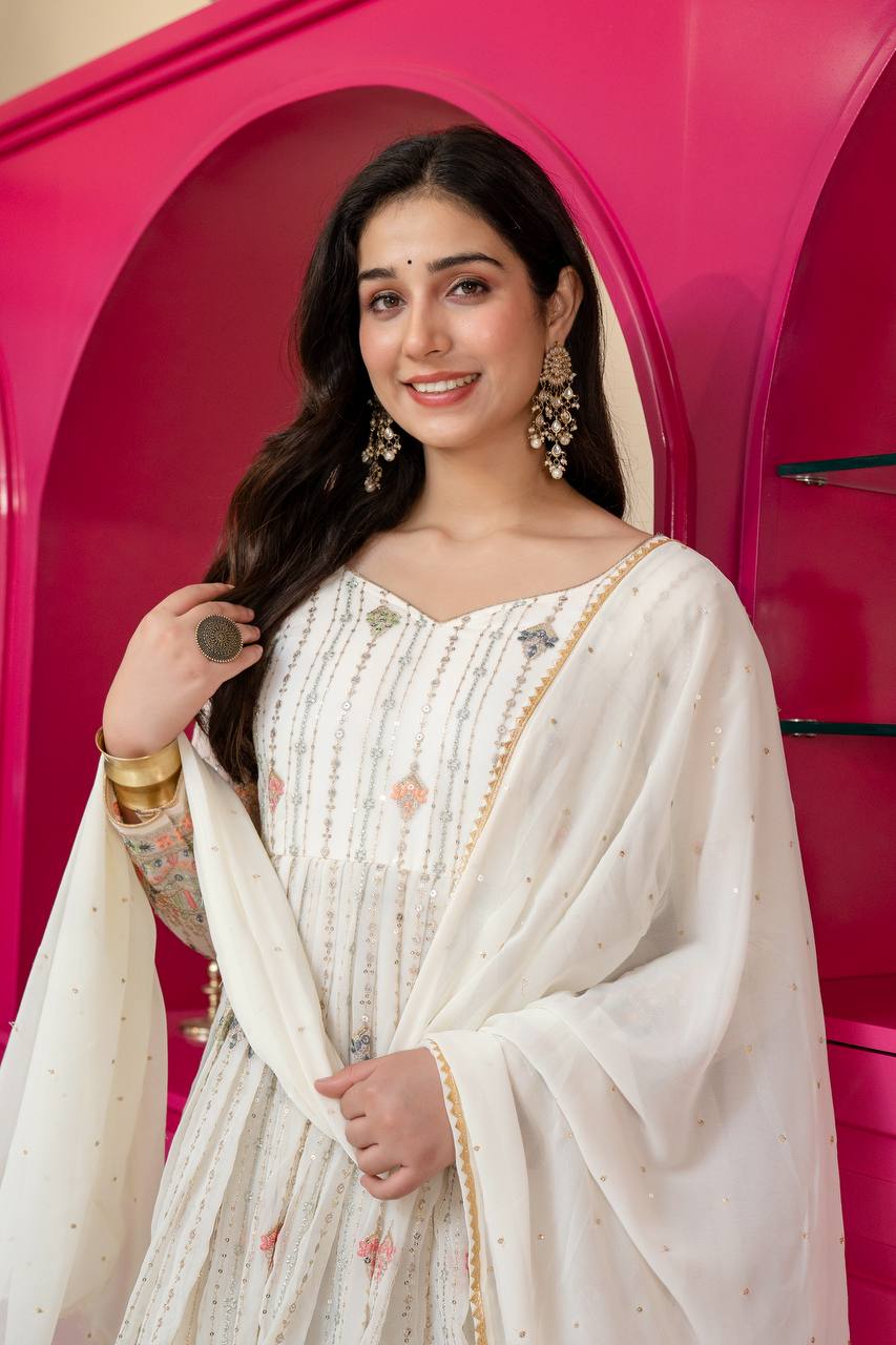 Ivory Zari Sequins Embroidered Anarkali Suit Set for Women